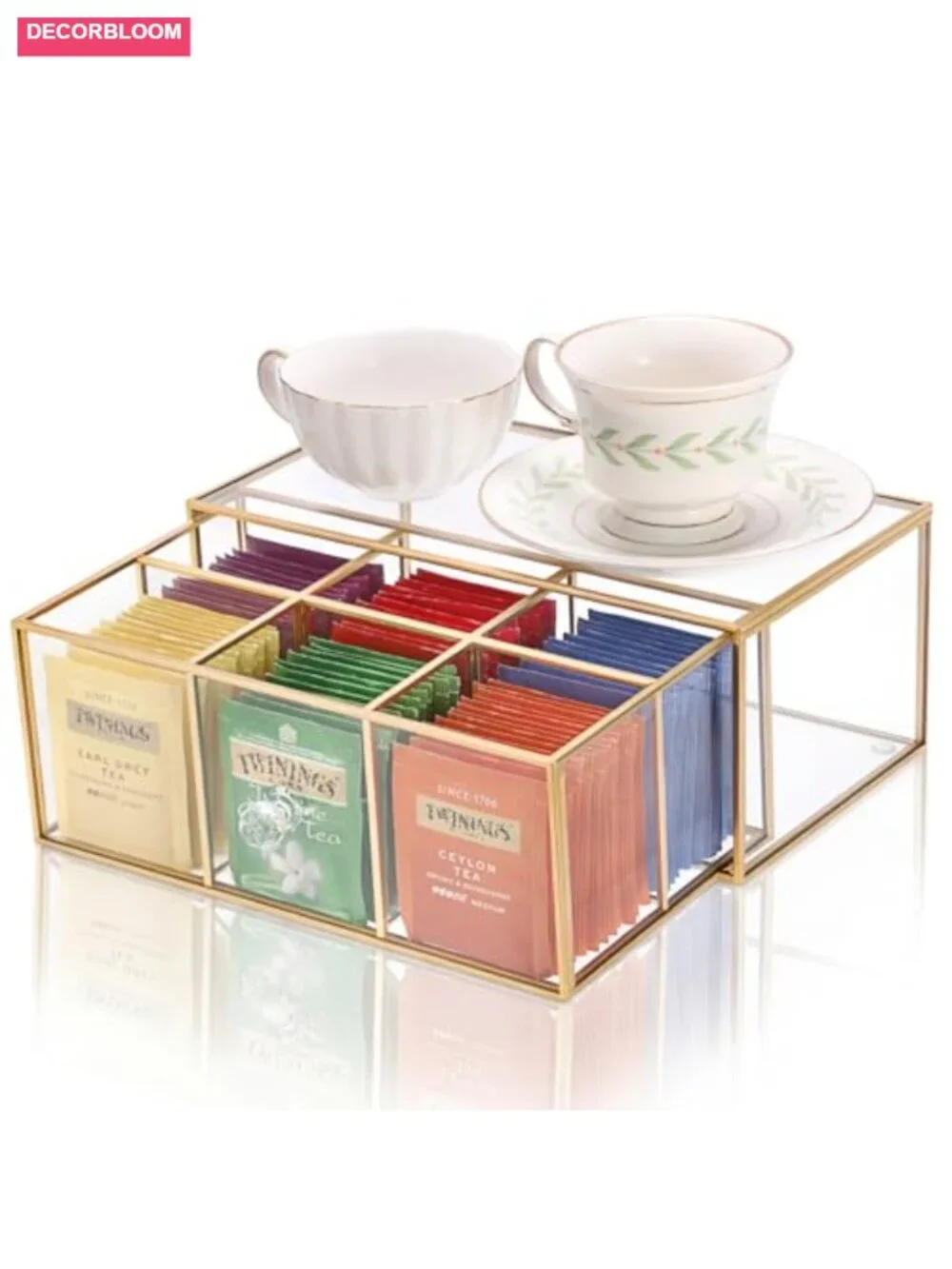 Glass Tea Bag Organizer with Drawer, 6 Compartments, Coffee and Drip Bag